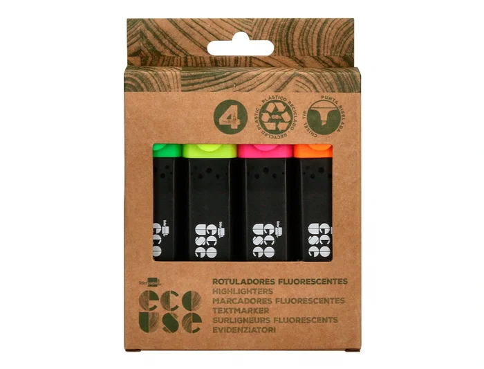 Liderpapel Rotulador Fluorescente Ecológico de Plástico Reciclado, Caja de 4 Unidades, Colores Surtidos