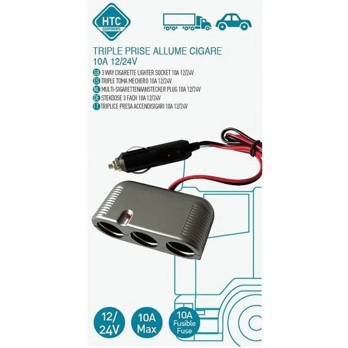 HTC EQUIPMENT HTC3513765118813 Toma Mechero Triple 12/24V Heavy Duty con Cable Rojo 80cm