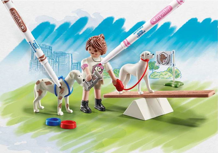 Playmobil - Set de Juguete Adiestramiento de Perros Color, con Figuras de Mujer, Dálmata, Gran Danés, Accesorios y Rotuladores Crayola, Edad Recomendada 4 Años