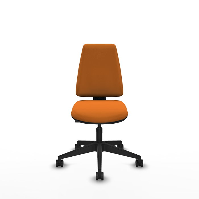 Silla de oficina Elche con mecanismo Contacto permanente básico tapizada con Similpiel color Naranja. Equipada con Base piramidal negra, Sin brazos y Ruedas 65mm nailon