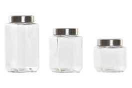 DKD Home Decor Set de 3 Botes de Cristal e Inox