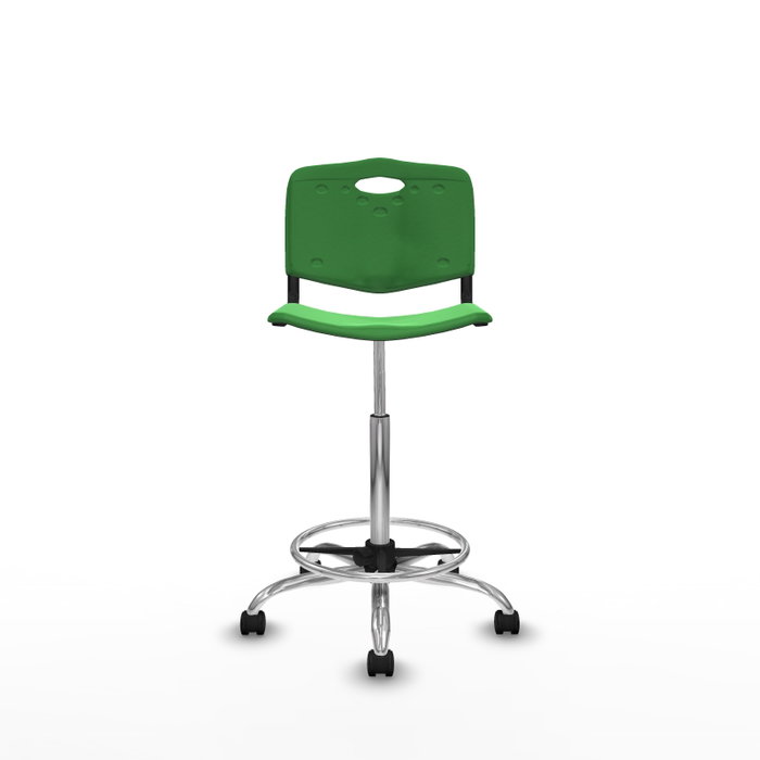 Taburete Robledo con mecanismo Giratorio de PVC color Verde. Equipado con Base cromada, Sin brazos y Ruedas de nailon 50 mm