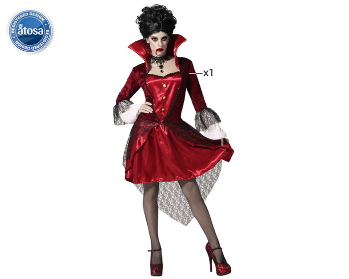 NO BRAND Disfraz de Vampiresa para Mujer Adulto, Halloween, Vestido Rojo Burdeos con Tul Negro y Mangas Blancas, Talla XS-S
