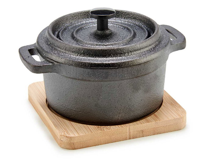KINVARA Cazuela Redonda Pequeña de Hierro Forjado con Base de Bambú, 13x10x8.5 cm, Apta para Horno, Negra (Set de 12)