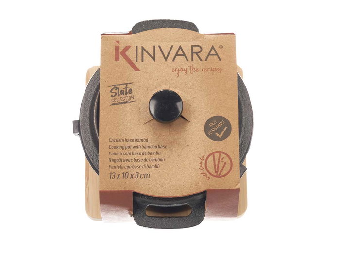 KINVARA Cazuela Redonda Pequeña de Hierro Forjado con Base de Bambú, 13x10x8.5 cm, Apta para Horno, Negra (Set de 12)