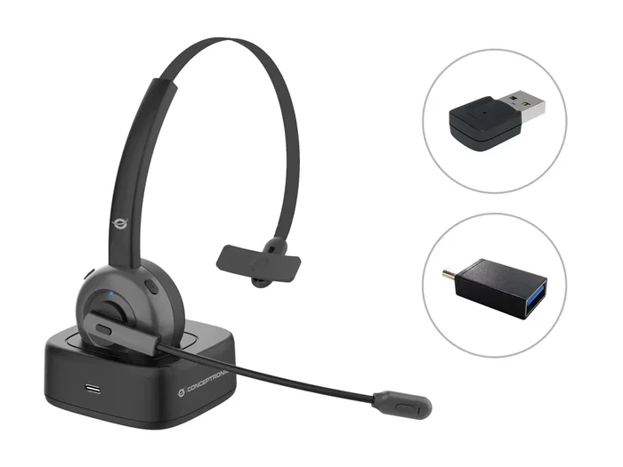 Conceptronic POLONA03BDA Auriculares Diadema Inalámbricos Bluetooth 5.0 para Oficina/Centro de Llamadas, Supraaural, Cancelación de Ruido, 22h Batería, Negro