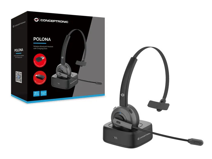 Conceptronic POLONA03BDA Auriculares Diadema Inalámbricos Bluetooth 5.0 para Oficina/Centro de Llamadas, Supraaural, Cancelación de Ruido, 22h Batería, Negro