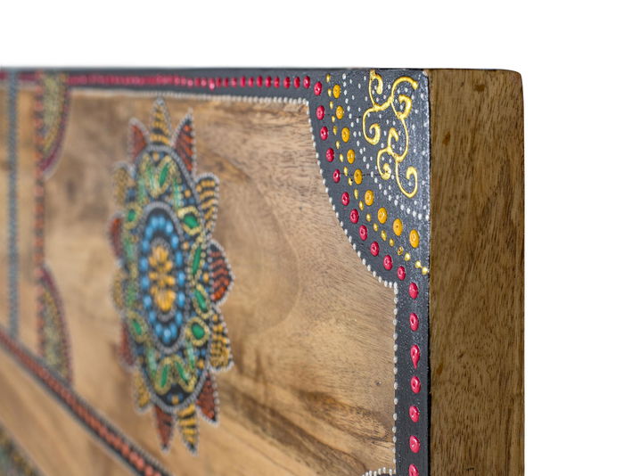 Mango Cabecero de Madera Maciza de Mango 170 cm Color Natural con Detalles Pintados a Mano, Cabecero de Cama