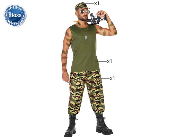 Disfraz Militar Camuflaje Verde Hombre Adulto Talla XS-S para Carnaval y Fiestas con Gorra, Camiseta sin Mangas y Pantalón Disfraz Militar Camuflaje Verde Hombre Adulto Talla XS-S para Carnaval y Fiestas con Gorra, Camiseta sin Mangas y Pantalón