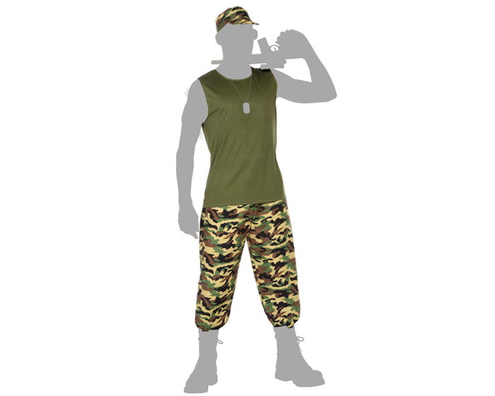 Disfraz Militar Camuflaje Verde Hombre Adulto Talla XS-S para Carnaval y Fiestas con Gorra, Camiseta sin Mangas y Pantalón Disfraz Militar Camuflaje Verde Hombre Adulto Talla XS-S para Carnaval y Fiestas con Gorra, Camiseta sin Mangas y Pantalón
