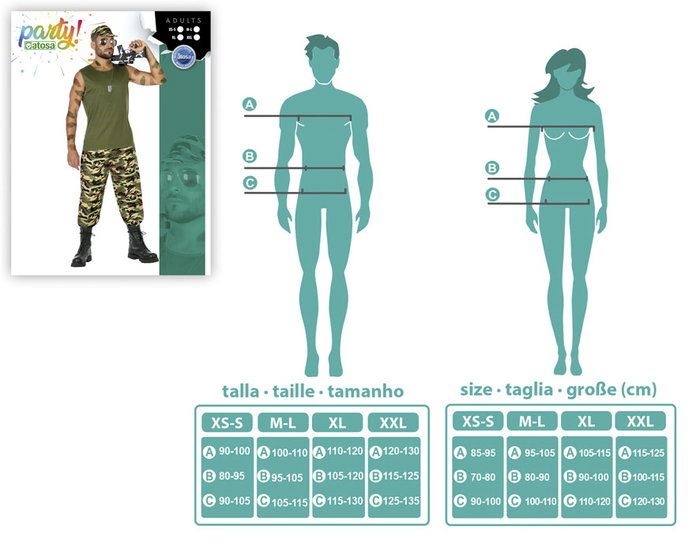 Disfraz Militar Camuflaje Verde Hombre Adulto Talla XS-S para Carnaval y Fiestas con Gorra, Camiseta sin Mangas y Pantalón