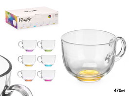 VIVALTO Tazon Desayuno Cristal Jumbo Transparente Base Multicolor 470 ml 13.5x8.7x11 cm (Set de 48)