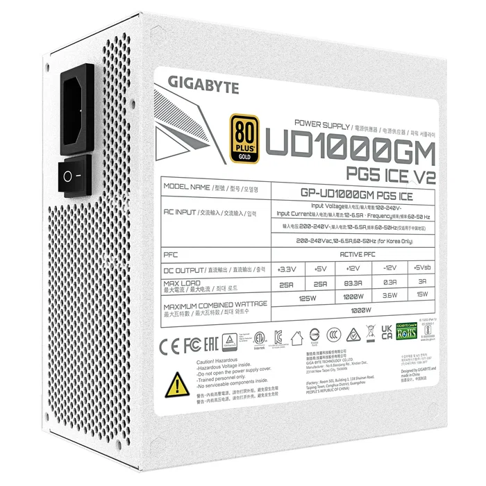 Gigabyte UD1000GM PG5 V2 ICE 1000W 80 PLUS Gold Blanco Gigabyte UD1000GM PG5 V2 ICE 1000W 80 PLUS Gold Blanco