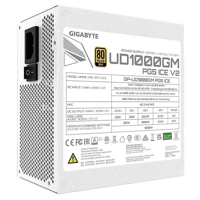 Gigabyte GP-UD1000GM PG5 ICE - Fuente de Alimentación ATX 1000W 80 Plus Gold, Completamente Modular, Color Blanco, Lista para PCIe 5.0/ATX 3.0