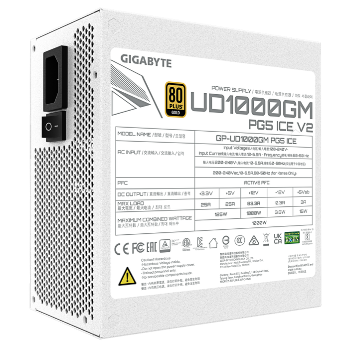 GIGABYTE UD1000GM PG5 V2 ICE Fuente de Alimentación 1000W 80 PLUS Gold ATX 3.1 Modular Color Blanco GIGABYTE UD1000GM PG5 V2 ICE Fuente de Alimentación 1000W 80 PLUS Gold ATX 3.1 Modular Color Blanco