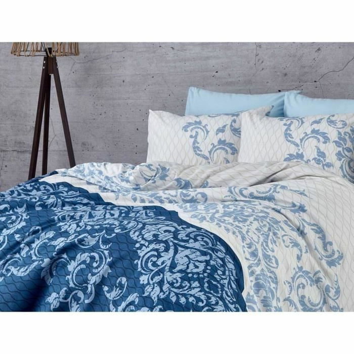 AUCUNE Juego de cama Azul 100% algodón reforzado con funda nórdica y 2 fundas de almohada