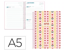 Liderpapel Agenda Escolar Fantasy EA 26-27, Día Página A5, Espiral, Interior Bilingüe Español-Inglés, Tapa Dura, 80g FSC, Con Pegatinas, Rosa Corazones