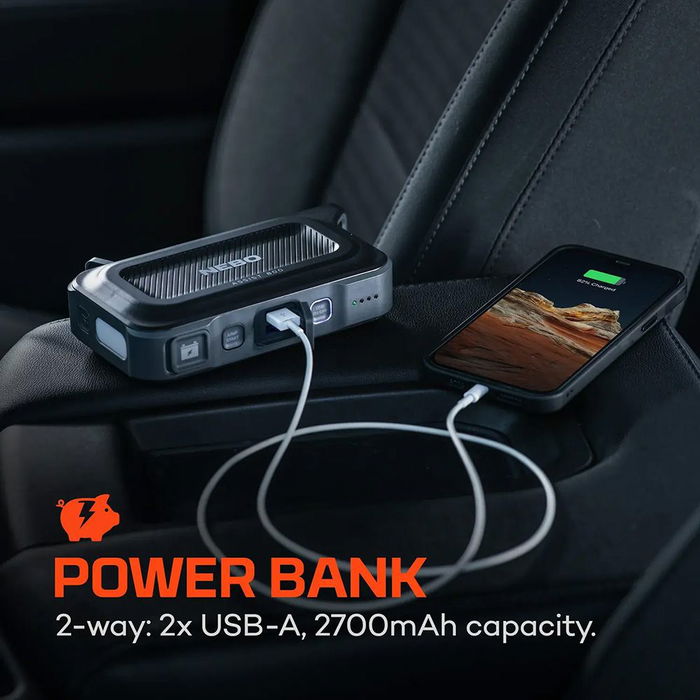 Nebo Assist 800 Arrancador de Coche 12V 800 Amperios Pico con Powerbank 8100 mAh, Banco de Energía y Luz LED para Emergencias, Incluye Cables e Indispensable para el Coche