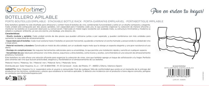 Black Confortime Botellero Metal para 8 Botellas Negro 44.5 x 15.2 x 15.2 cm (8 Unidades) Black Confortime Botellero Metal para 8 Botellas Negro 44.5 x 15.2 x 15.2 cm (8 Unidades)