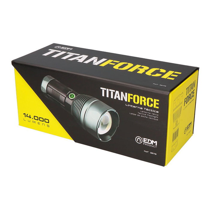 Titanforce Linterna LED Táctica Recargable 14000 Lúmenes 6500K 150W USB-C IP44 con Cordón - Modos Turbo/Alto/Medio/Bajo + Flash