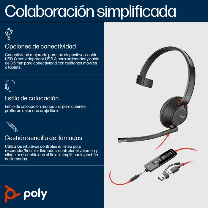 Poly Blackwire 5210 Monoaural USB-C con adaptador USB-A y Jack 3,5 mm
