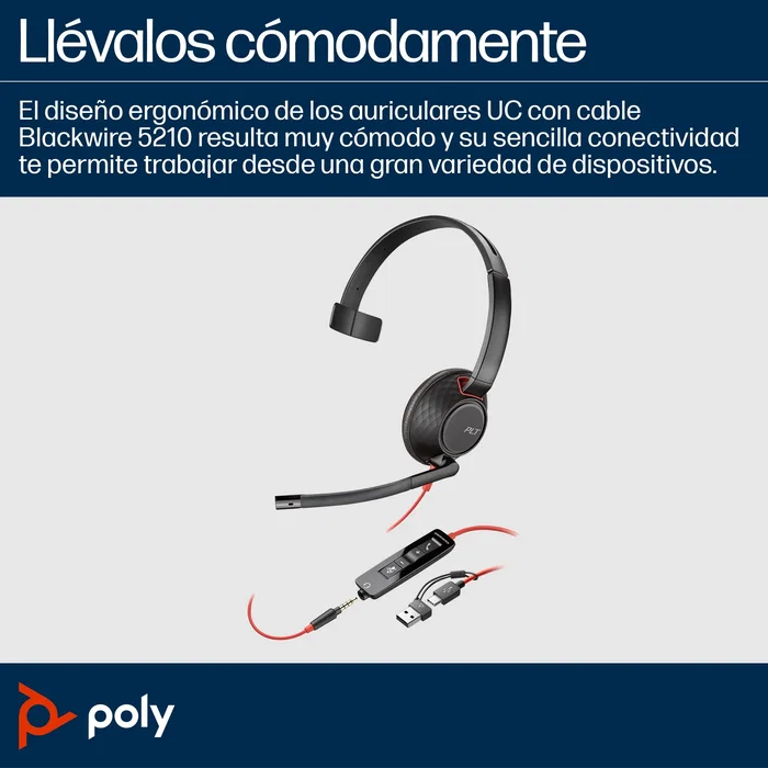 Poly Blackwire 5210 Monoaural USB-C con adaptador USB-A y Jack 3,5 mm