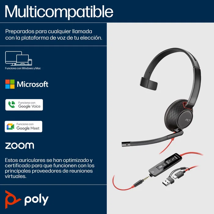 Poly Blackwire 5210 Monoaural USB-C con adaptador USB-A y Jack 3,5 mm