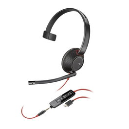 Poly Auricular Blackwire 5210 Monoaural con Micrófono, Conexión 3.5mm y Adaptador USB-C/A, Negro 8X230A6