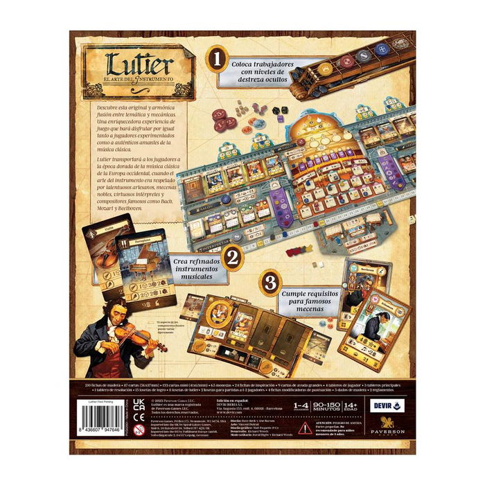 Devir Lutier - Juego de Mesa Estratégico Eurogame para 1-4 Jugadores, Ambientado en el Siglo XVIII como Constructor de Instrumentos Musicales