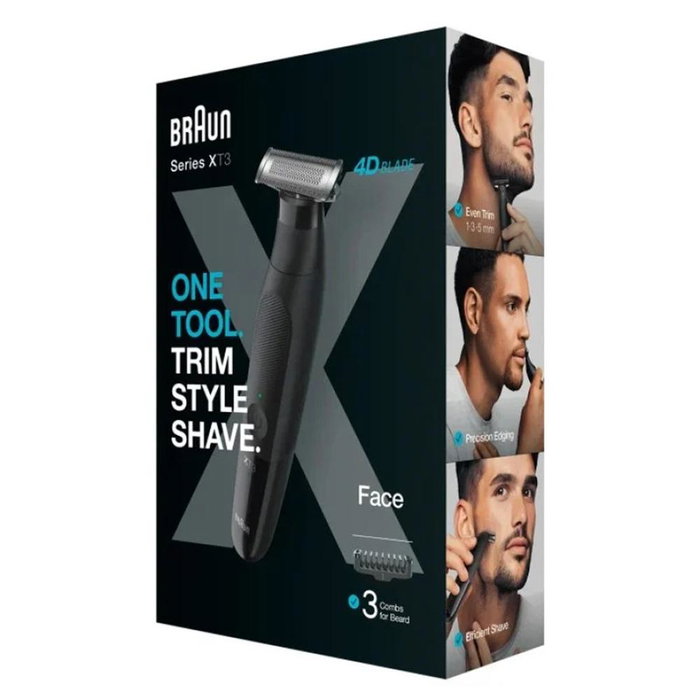 Braun Xt3100 Recortadora Híbrida 4D para Cara y Barba, 3 Peines (1-5 mm), Uso en Seco/Húmedo, Recorta, Perfila y Afeita, Acero Inoxidable, 45 Min Autonomía Braun Xt3100 Recortadora Híbrida 4D para Cara y Barba, 3 Peines (1-5 mm), Uso en Seco/Húmedo, Recorta, Perfila y Afeita, Acero Inoxidable, 45 Min Autonomía