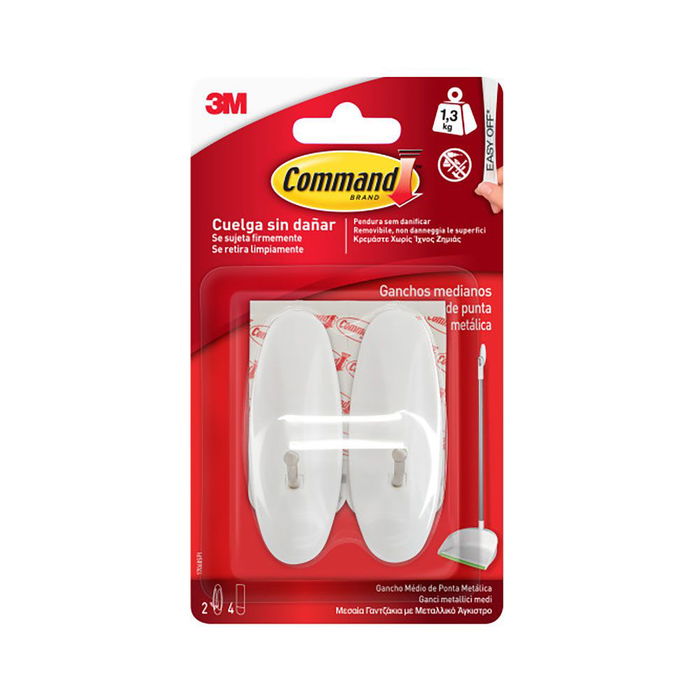 3M Command Gancho con Punta Metálica, Mediano, Blanco, 29 x 79 x 29 mm, 2 Unidades + 4 Tiras, Carga Máx. 1.3 kg - 17068