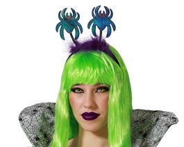 Diadema Con Arañas Brillantes Y Peluca Verde Larga Para Halloween Y Fiestas Temáticas