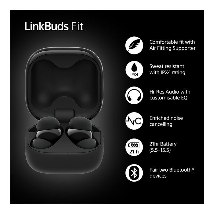 SONY LinkBuds Fit WFLS910NB - Auriculares True Wireless Intraaurales Negro con Cancelación de Ruido Híbrida, IPX4, Bluetooth 5.3, Google Assistant/Apple Siri y Carga Rápida