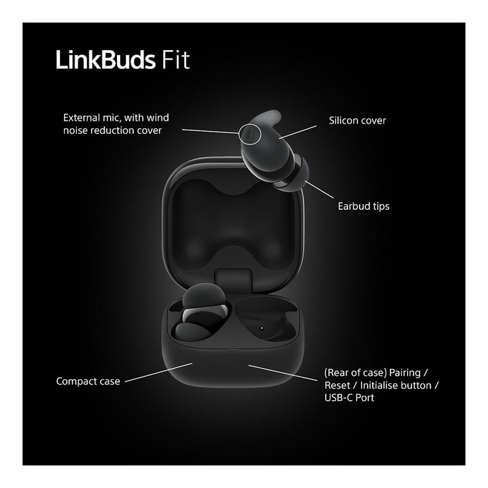 SONY LinkBuds Fit WFLS910NB - Auriculares True Wireless Intraaurales Negro con Cancelación de Ruido Híbrida, IPX4, Bluetooth 5.3, Google Assistant/Apple Siri y Carga Rápida