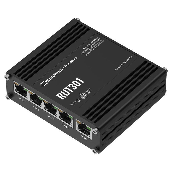 Teltonika Router Industrial RUT301 para Móvil y Ethernet LAN (EU) - Negro, Aluminio, 9-30V, RMS, -40 a 75°C