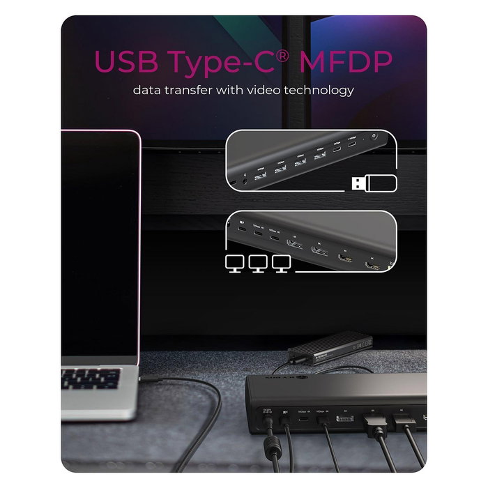 ICY BOX Docking Station IB-DK7401-CU31 Multi, USB-C 3.2 Gen 2, 8K 144Hz, 4x USB-A 3.2, 4x USB-C PD 140W, Ethernet 2.5Gb, HDMI, DisplayPort, Lector SD, Negro