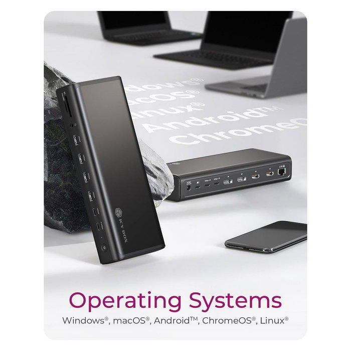 ICY BOX Docking Station IB-DK7401-CU31 Multi, USB-C 3.2 Gen 2, 8K 144Hz, 4x USB-A 3.2, 4x USB-C PD 140W, Ethernet 2.5Gb, HDMI, DisplayPort, Lector SD, Negro