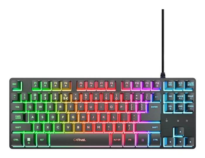Trust GXT 833 Thado - Teclado Gaming Tenkeyless (TKL) Compacto USB Negro con Iluminación RGB, Distribución QWERTY Español, Antighosting, Cable 1.5m