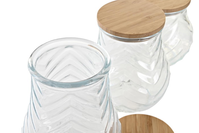 DKD Home Decor Bote Cocina Cristal Bambú Transparente Natural Set 3 Piezas 13 x 19.5 x 13 cm