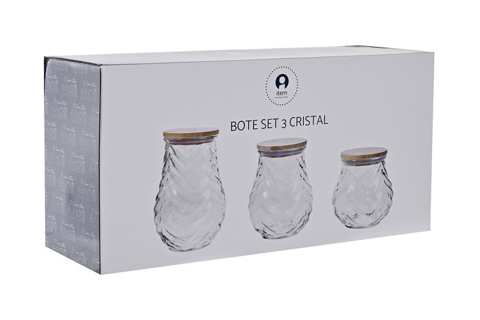 DKD Home Decor Bote Cocina Cristal Bambú Transparente Natural Set 3 Piezas 13 x 19.5 x 13 cm