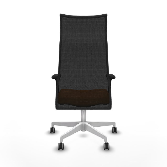 Sillón Albacete con mecanismo Sincro tapizada con Similpiel color Naranja y malla color Negro. Equipado con Base poliamida blanca, Brazos 1D y Ruedas 65 mm parqué