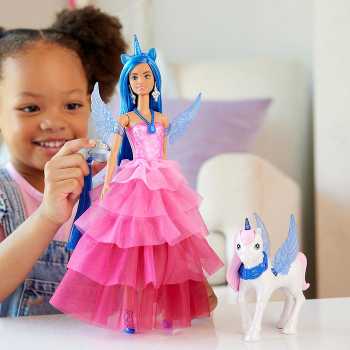 Mattel Muñeca Barbie Hadacornio Zafiro HRR16 65 Aniversario con Alas, Cuerno y Mascota