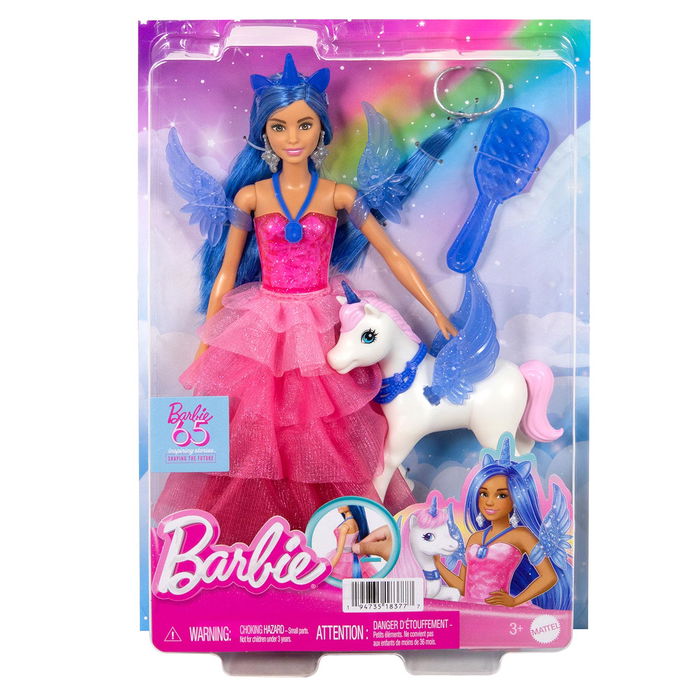 Mattel Muñeca Barbie Hadacornio Zafiro HRR16 65 Aniversario con Alas, Cuerno y Mascota