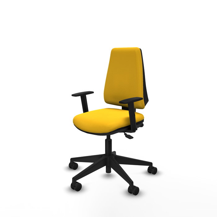 Silla de oficina Elche con mecanismo Asincro tapizada con Similpiel color Amarillo. Equipada con Base piramidal negra, Brazos 1D y Ruedas 65mm nailon