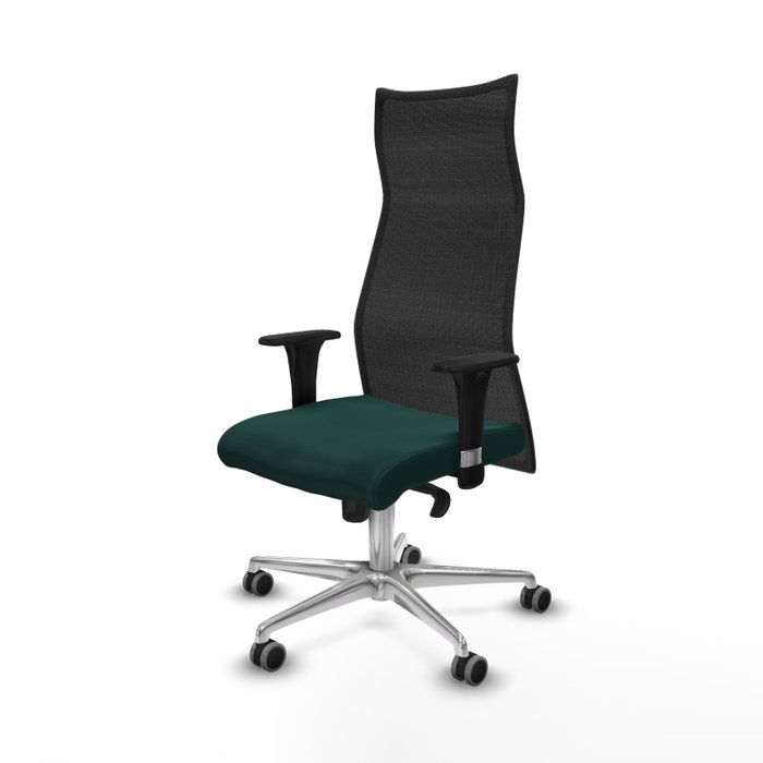 Sillón Albacete con mecanismo Sincro tapizada con Similpiel color Verde botella y malla color Negro. Equipado con Base aluminio, Brazos 1D y Ruedas 65 mm parqué