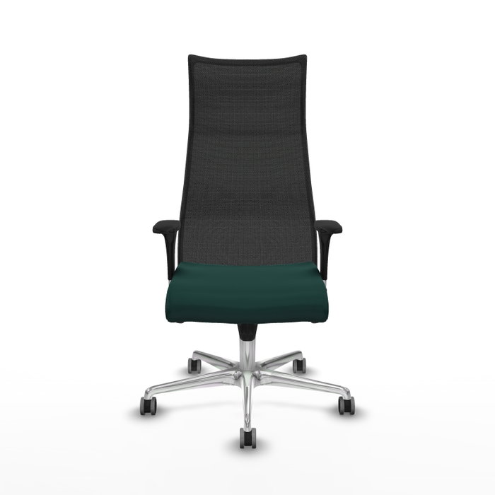 Sillón Albacete con mecanismo Sincro tapizada con Similpiel color Verde botella y malla color Negro. Equipado con Base aluminio, Brazos 1D y Ruedas 65 mm parqué