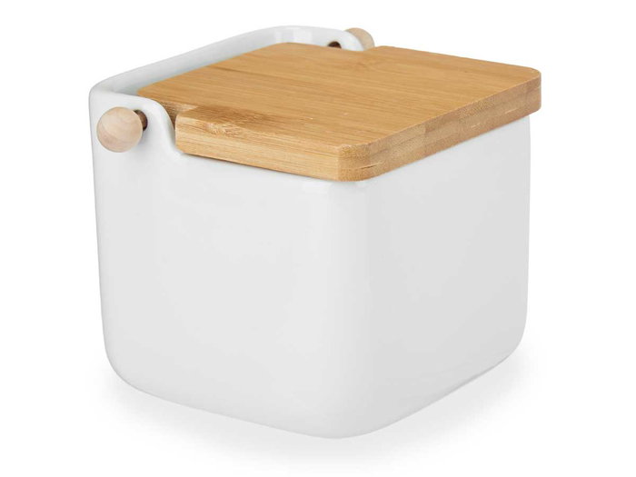 Vessia Salero Cerámica Blanco con Tapa de Bambú 800 ml, Dimensiones 14.5x11x11.5 cm, Capacidad 800 ml (Set de 6)