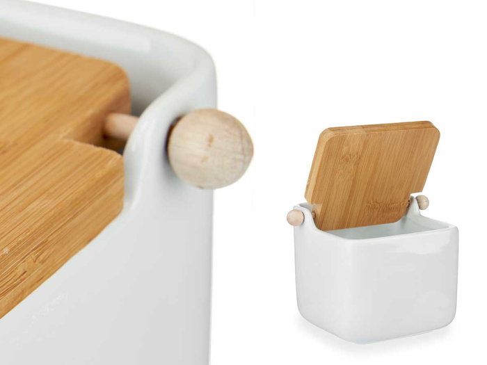 Vessia Salero Cerámica Blanco con Tapa de Bambú 800 ml, Dimensiones 14.5x11x11.5 cm, Capacidad 800 ml (Set de 6)