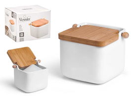 Vessia Salero Cerámica Blanco con Tapa de Bambú 800 ml, Dimensiones 14.5x11x11.5 cm, Capacidad 800 ml (Set de 6)
