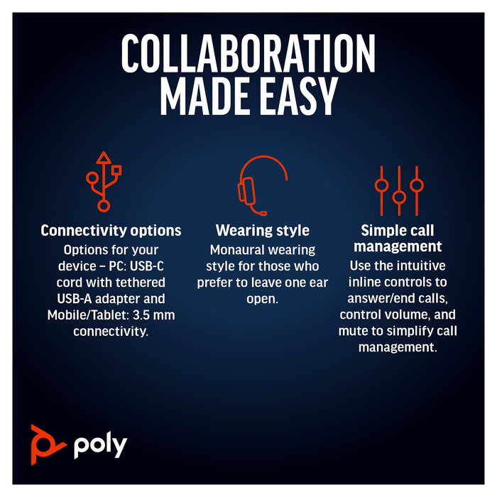 HP Poly Blackwire 5210 Auriculares de Diadema Monoaural para Oficina, USB-C + Conector 3.5 mm + Adaptador USB-C/A, Negro, 207577-201